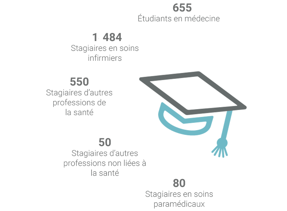 655 Étudiants en médecine, 1 484 Stagiaires en soins infirmiers, 550 Stagiaires d’autres professions de la santé, 50 Stagiaires d’autres professions non liées à la santé, 80 Stagiaires en soins paramédicaux